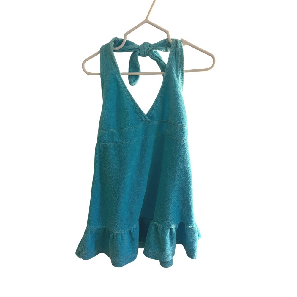 Vintage 2000 Y2K Little Girls Blue Terrycloth Ruffle Halter Dress‎ 5/6